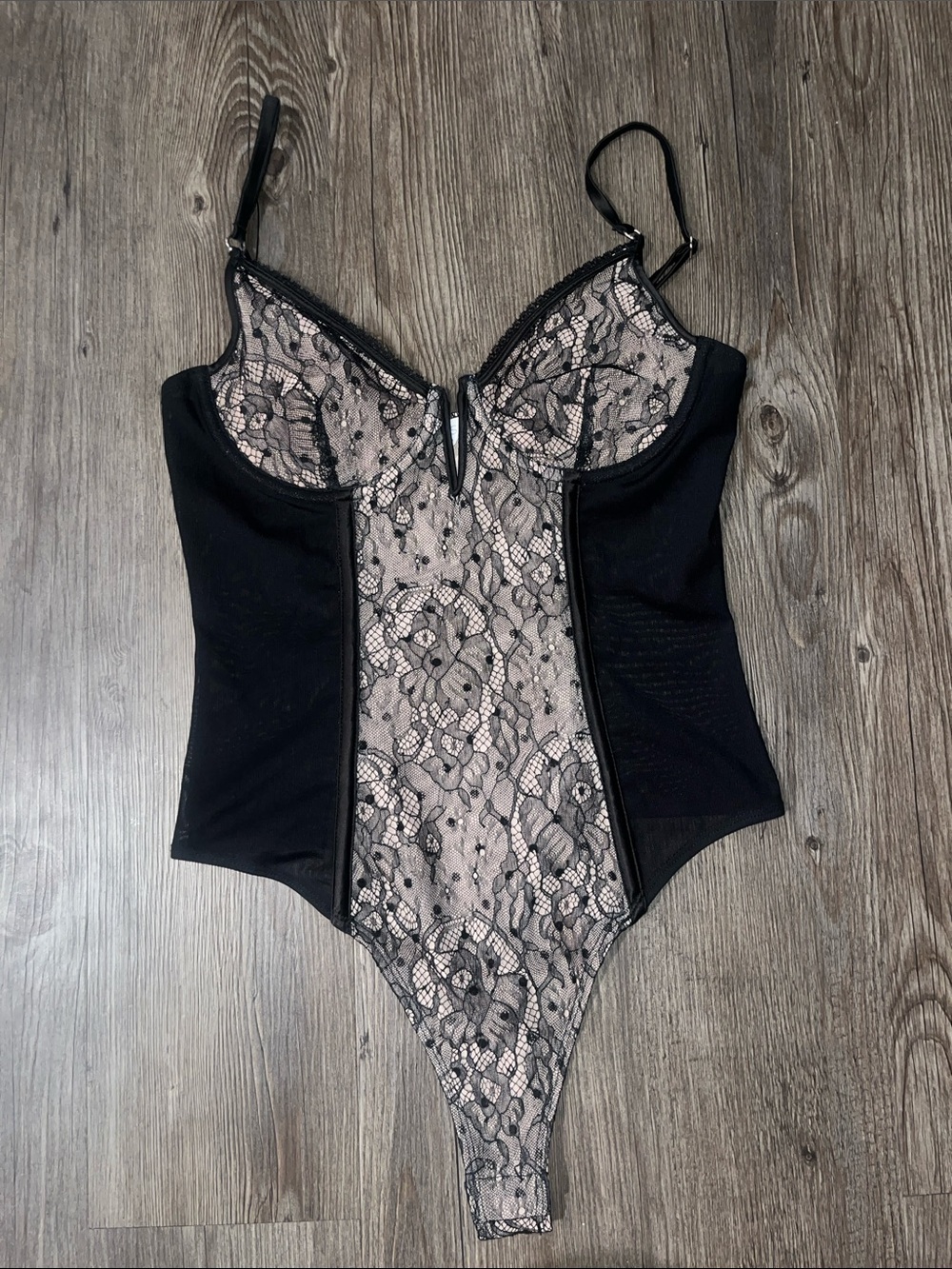 ASTR Black Lace-Overlay Nude Lined Bodysuit